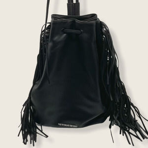 Victoria's Secret Black Fringe Vegan Large Cinch Knapsack Bag Backpack